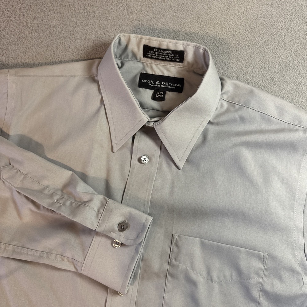 Croft & Barrow Mens Long Sleeve DressShirt 15.5 32/33 Solid Light Grey Button Up